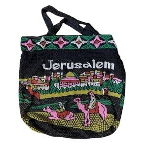 Jerusalem beaded black shoulder cinch tote bag